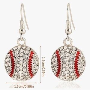 Silver Plated Earrings with Inlaid Rhinestones - Baseball Design, dangling MLB